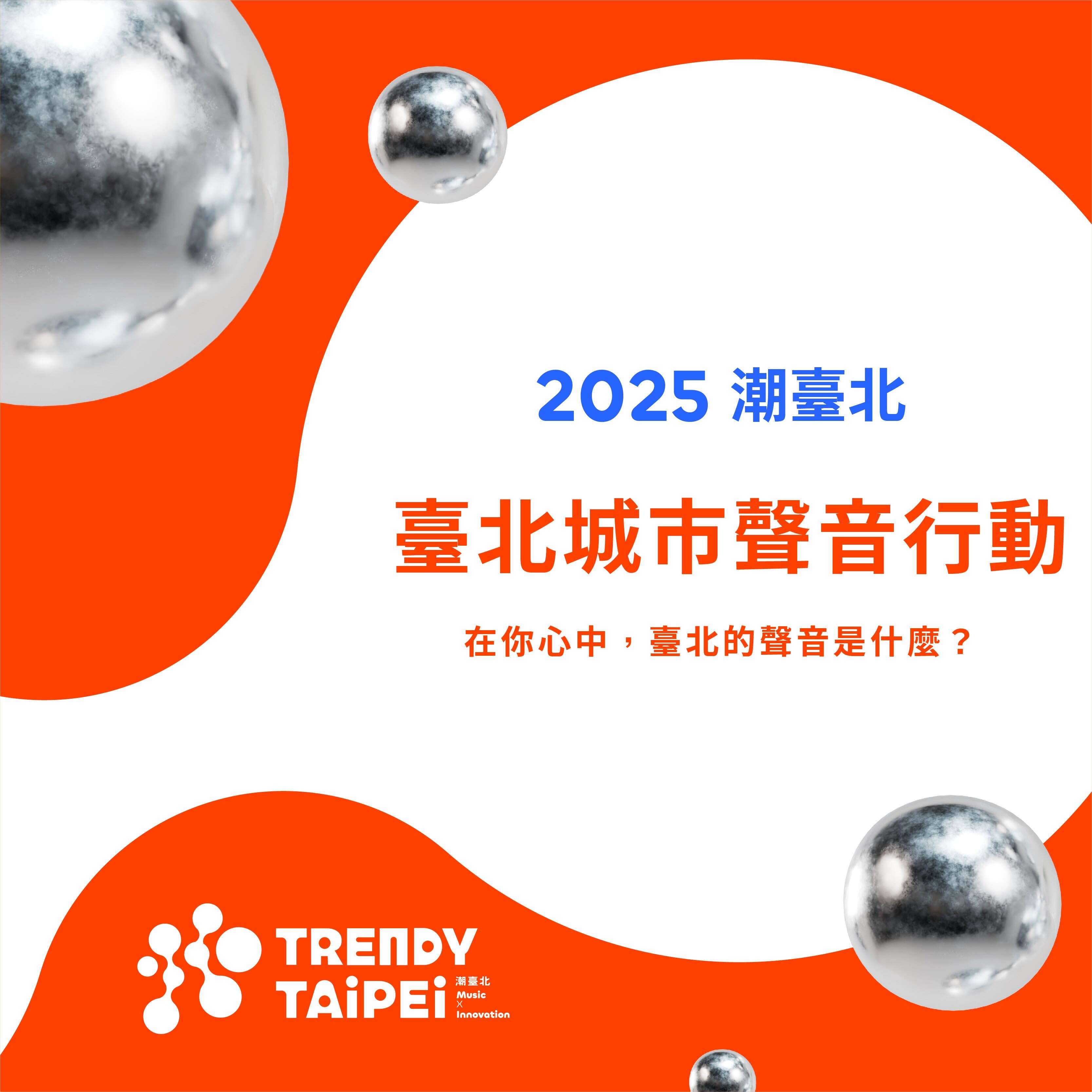 橘白配色的平面設計海報，標題為「2025 潮臺北」，主題為「臺北城市聲音行動」，副標問句：「在你心中，臺北的聲音是什麼？」左下角為活動標誌「TRENDY TAIPEI 潮臺北 Music Innovation」。畫面中有多顆銀色金屬球體，點綴在畫面四角，呈現現代與潮流感。
