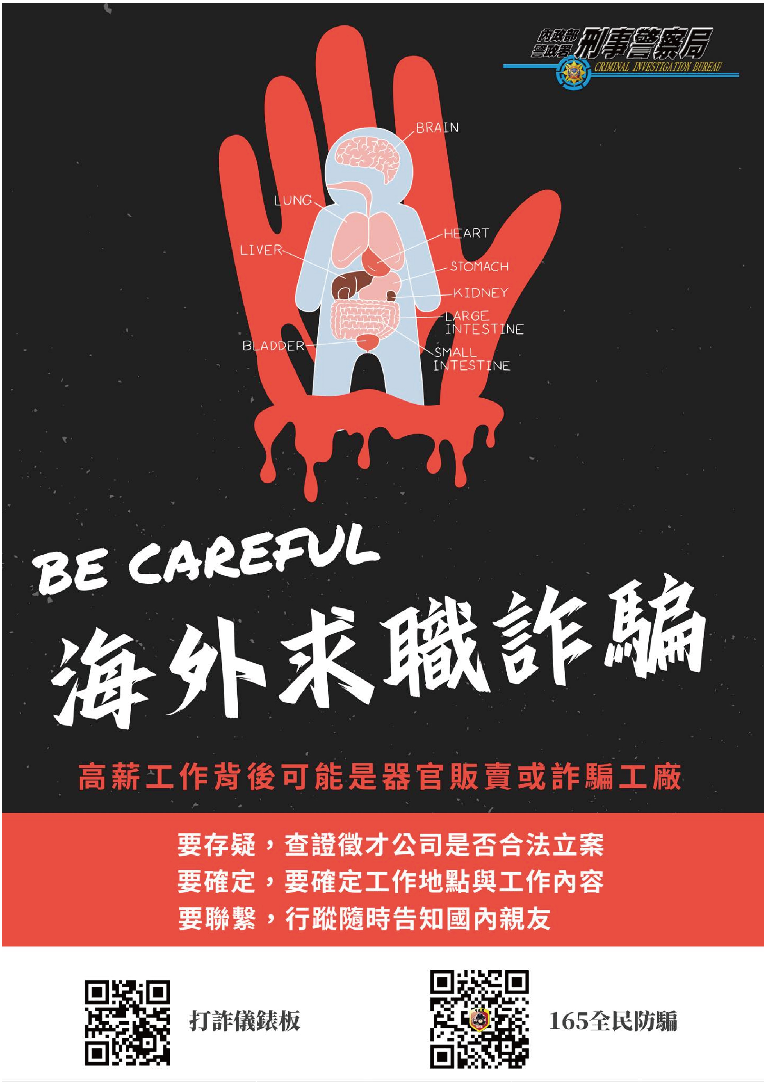 一張由刑事警察局製作的反詐騙宣導圖，畫面中以紅色滴血手掌為底，手掌中間為人體器官示意圖，標示腦、心、肝、肺、腎、腸等部位。標語為：「BE CAREFUL 海外求職詐騙」，警告高薪工作背後可能涉及器官販售或詐騙工廠。下方以紅底白字提醒：要存疑、要確定、要聯繫。右下角有165全民防騙與打詐儀錶板 QR code。